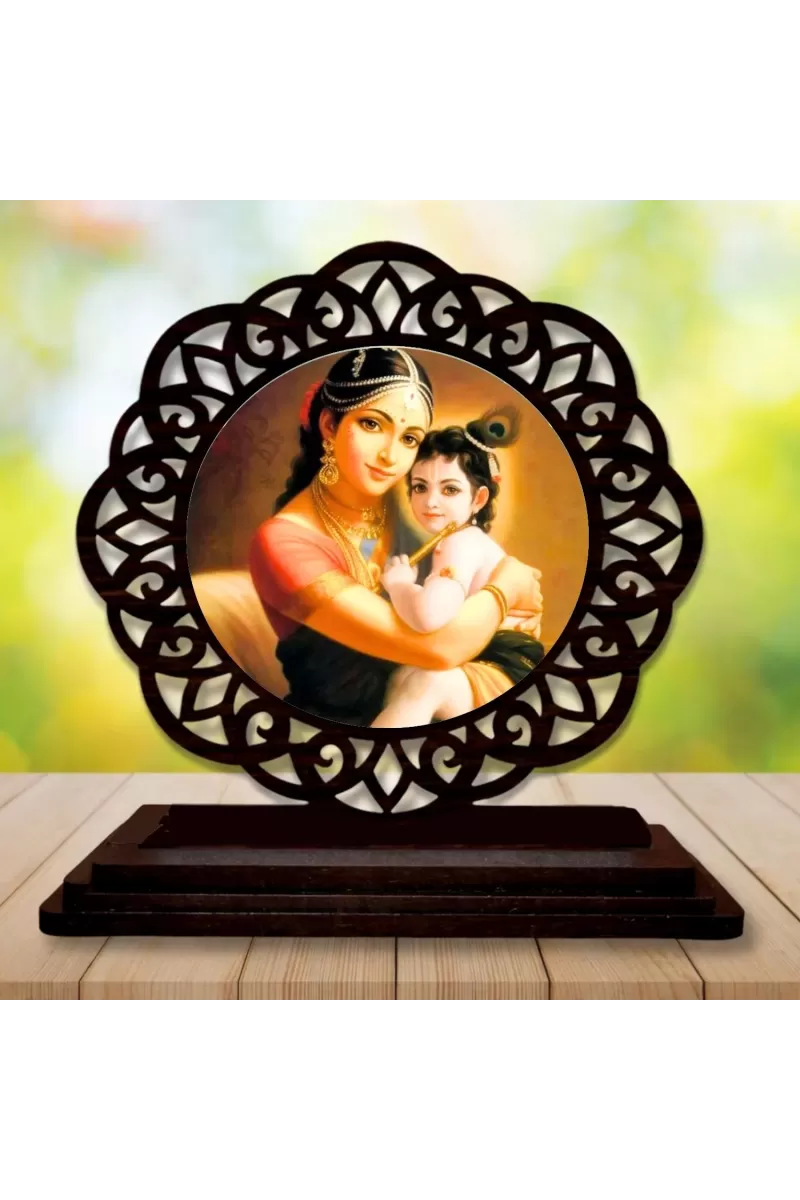 Car Desk/Table Top Yashodha And Krishna Wooden Photo Stand  3x4 Inches, Compact & Stylish Spiritual Display For Car, Home & Office (Pack Of 1) (F19724)
