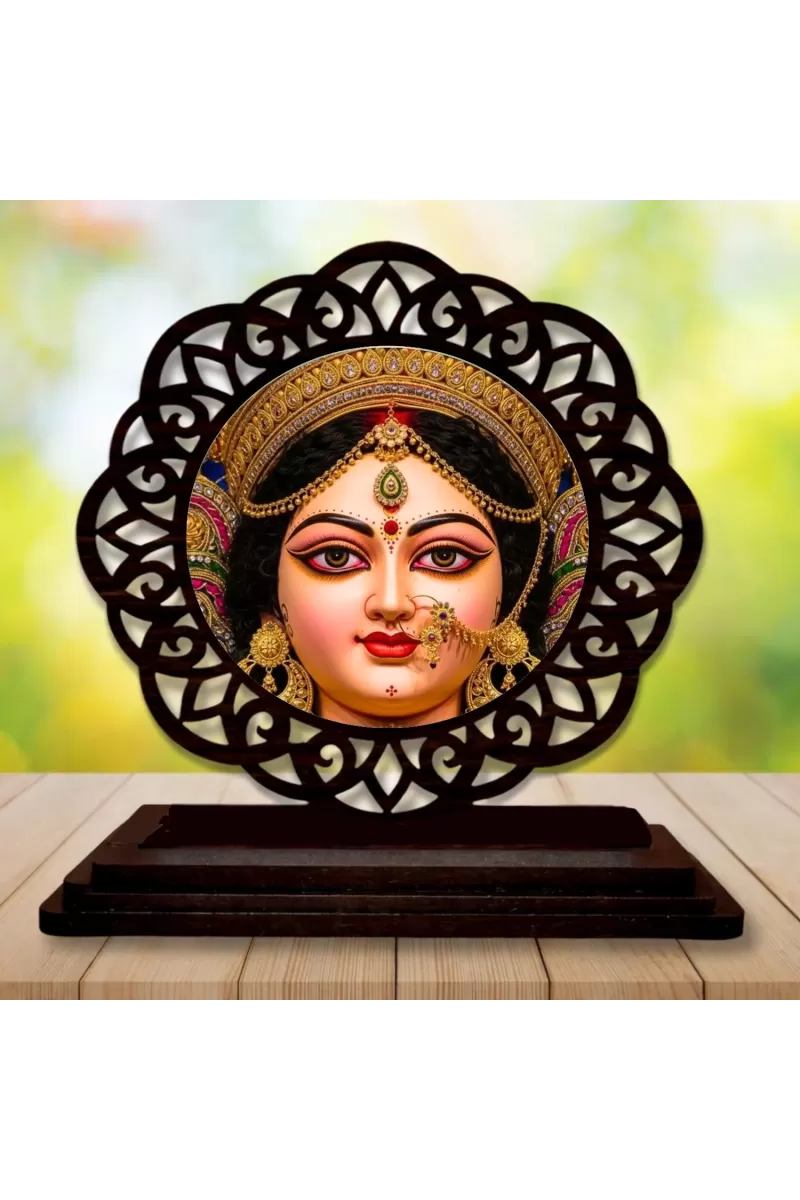 Car Desk/Table Top Durga Maa Wooden Photo Stand  3x4 Inches, Compact & Stylish Spiritual Display For Car, Home & Office (Pack Of 1) (F19725)