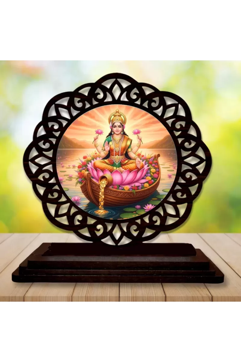 Car Desk/Table Top Goddess Lakshmi Wooden Photo Stand  3x4 Inches, Compact & Stylish Spiritual Display For Car, Home & Office (Pack Of 1) (F19727)