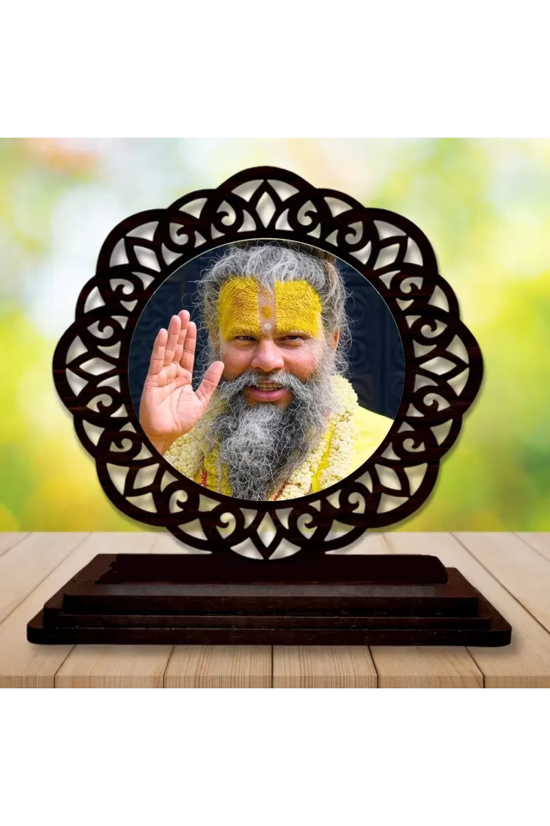 Car Desk/Table Top Premanand Ji Maharaj  Wooden Photo Stand  3x4 Inches, Compact & Stylish Spiritual Display For Car, Home & Office (Pack Of 1) (F19729)