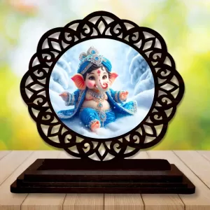 Car Desk/Table Top Lord Ganesha Wooden Photo Stand  3x4 Inches, Compact & Stylish Spiritual Display For Car, Home & Office (Pack Of 1) (F19730)