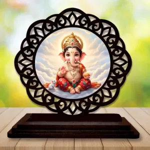 Car Desk/Table Top Lord Ganesha Wooden Photo Stand  3x4 Inches, Compact & Stylish Spiritual Display For Car, Home & Office (Pack Of 1) (F19731)