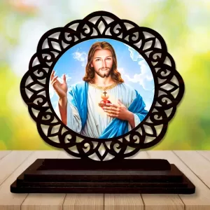 Car Desk/Table Top Lord Jesus Wooden Photo Stand  3x4 Inches, Compact & Stylish Spiritual Display For Car, Home & Office (Pack Of 1) (F19733)
