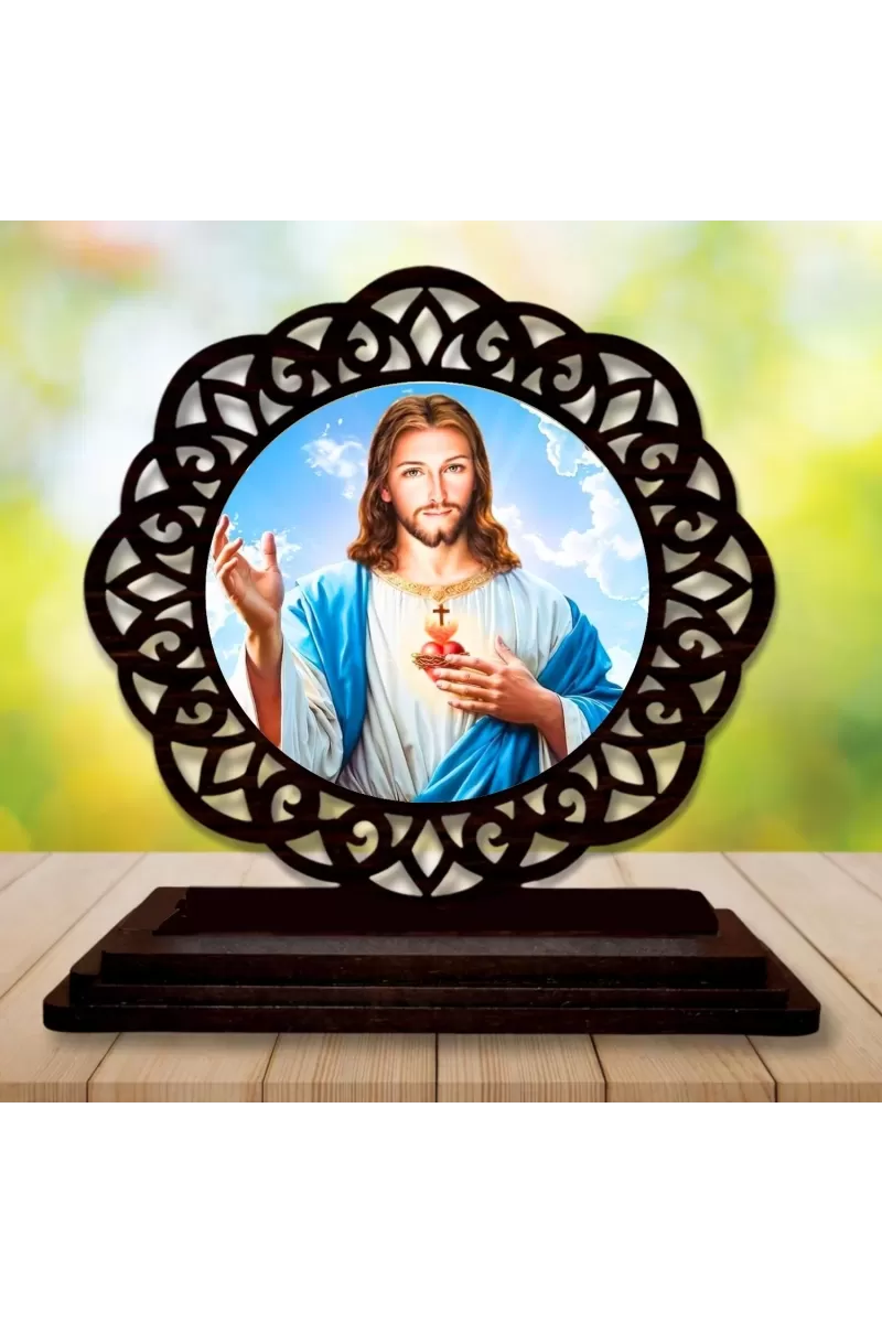 Car Desk/Table Top Lord Jesus Wooden Photo Stand  3x4 Inches, Compact & Stylish Spiritual Display For Car, Home & Office (Pack Of 1) (F19733)