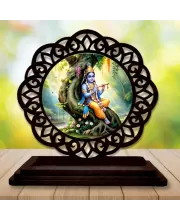 Car Desk/Table Top Lord Krishna Wooden Photo Stand  3x4 Inches, Compact & Stylish Spiritual Display For Car, Home & Office (Pack Of 1) (F19736)