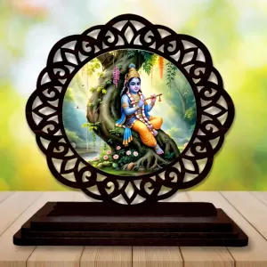 Car Desk/Table Top Lord Krishna Wooden Photo Stand  3x4 Inches, Compact & Stylish Spiritual Display For Car, Home & Office (Pack Of 1) (F19736)