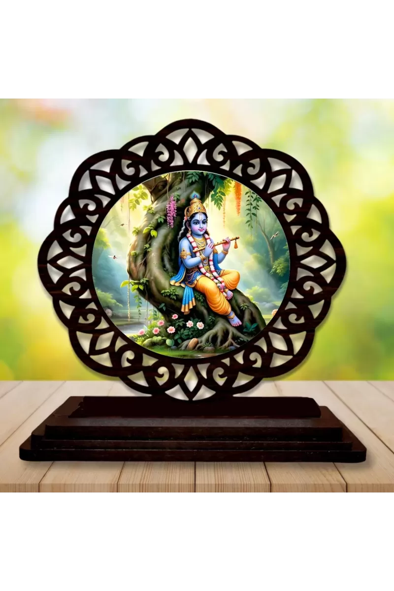 Car Desk/Table Top Lord Krishna Wooden Photo Stand  3x4 Inches, Compact & Stylish Spiritual Display For Car, Home & Office (Pack Of 1) (F19736)