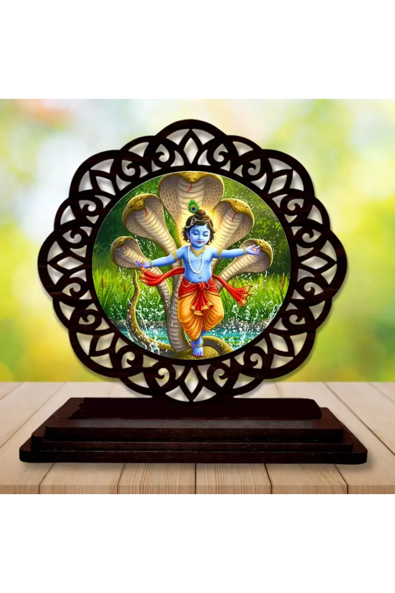Car Desk/Table Top Lord Krishna Wooden Photo Stand  3x4 Inches, Compact & Stylish Spiritual Display For Car, Home & Office (Pack Of 1) (F19737)