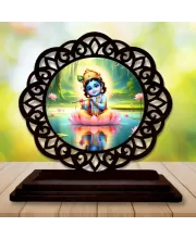 Car Desk/Table Top Lord Krishna Wooden Photo Stand  3x4 Inches, Compact & Stylish Spiritual Display For Car, Home & Office (Pack Of 1) (F19739)