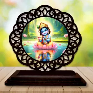 Car Desk/Table Top Lord Krishna Wooden Photo Stand  3x4 Inches, Compact & Stylish Spiritual Display For Car, Home & Office (Pack Of 1) (F19739)