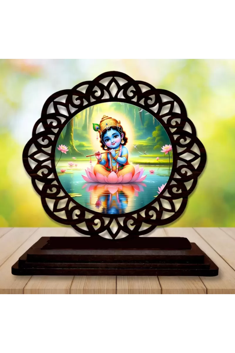 Car Desk/Table Top Lord Krishna Wooden Photo Stand  3x4 Inches, Compact & Stylish Spiritual Display For Car, Home & Office (Pack Of 1) (F19739)