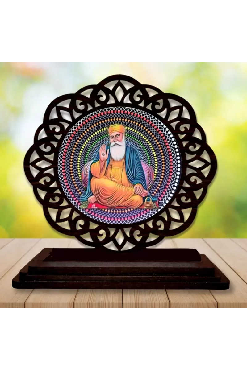 Car Desk/Table Top Guru Nanak Wooden Photo Stand  3x4 Inches, Compact & Stylish Spiritual Display For Car, Home & Office (Pack Of 1) (F19740)