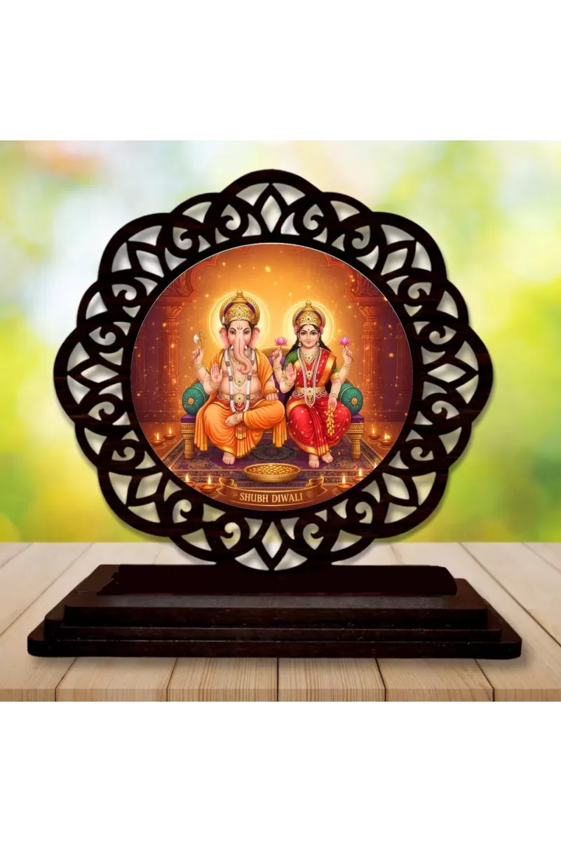 Car Desk/Table Top Lord Ganesha And Lakshmi Wooden Photo Stand  3x4 Inches, Compact & Stylish Spiritual Display For Car, Home & Office (Pack Of 1) (F19741)