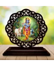 Car Desk/Table Top Lord Krishna Wooden Photo Stand  3x4 Inches, Compact & Stylish Spiritual Display For Car, Home & Office (Pack Of 1) (F19745)
