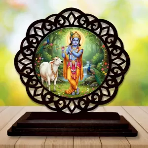 Car Desk/Table Top Lord Krishna Wooden Photo Stand  3x4 Inches, Compact & Stylish Spiritual Display For Car, Home & Office (Pack Of 1) (F19745)