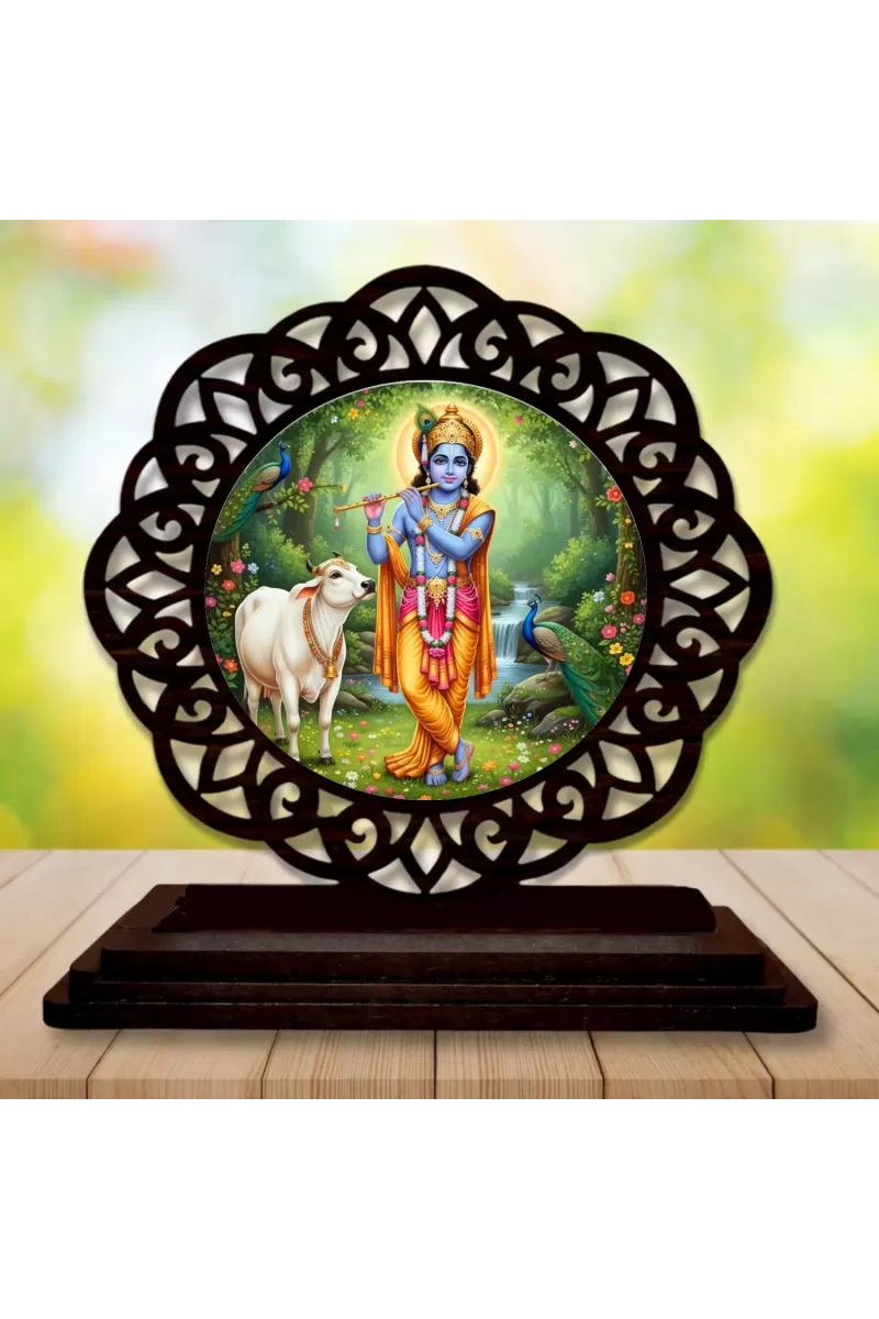 Car Desk/Table Top Lord Krishna Wooden Photo Stand  3x4 Inches, Compact & Stylish Spiritual Display For Car, Home & Office (Pack Of 1) (F19745)