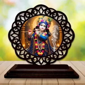Car Desk/Table Top Lord Krishna Wooden Photo Stand  3x4 Inches, Compact & Stylish Spiritual Display For Car, Home & Office (Pack Of 1) (F19746)