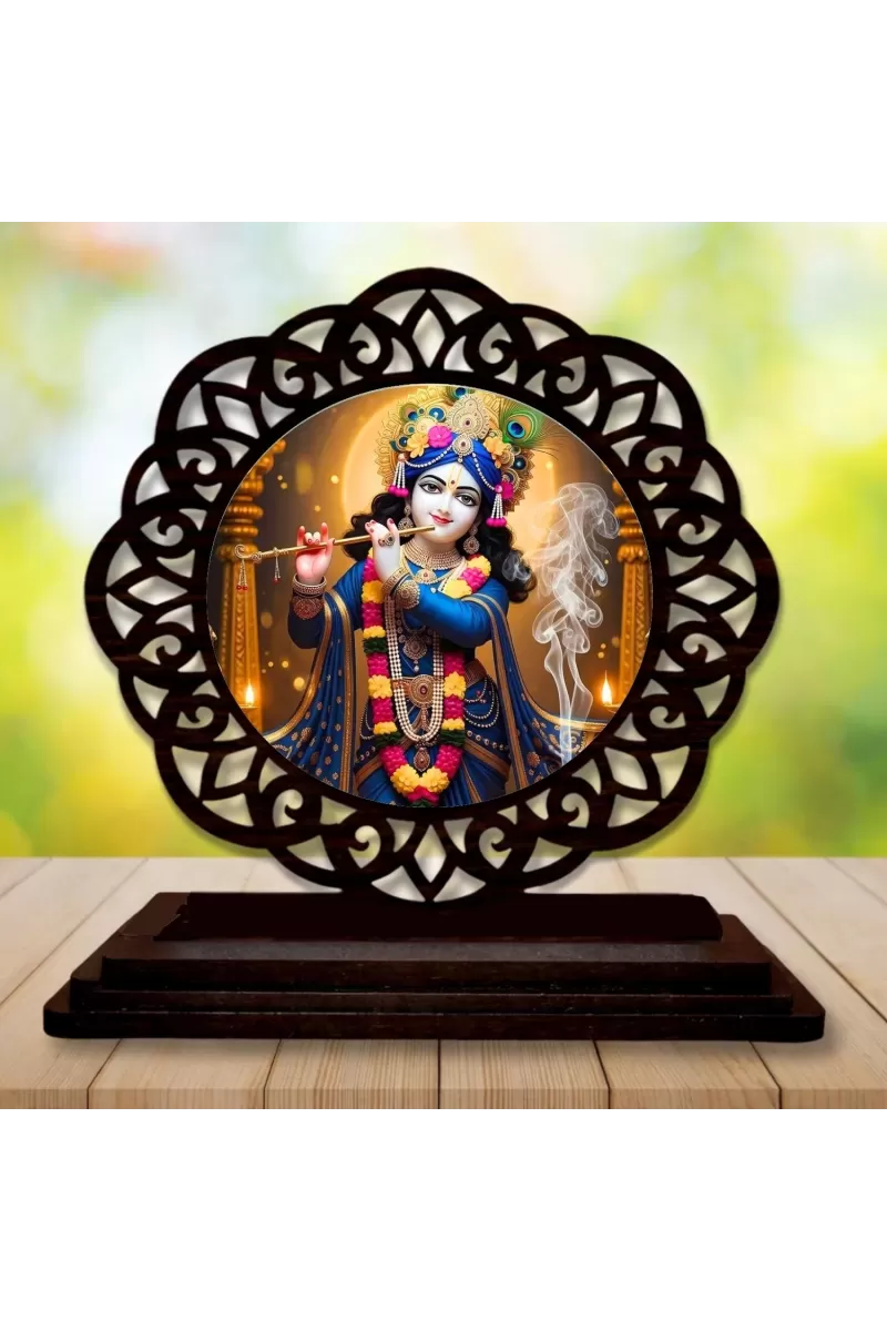 Car Desk/Table Top Lord Krishna Wooden Photo Stand  3x4 Inches, Compact & Stylish Spiritual Display For Car, Home & Office (Pack Of 1) (F19746)