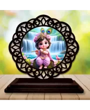 Car Desk/Table Top Lord Krishna Wooden Photo Stand  3x4 Inches, Compact & Stylish Spiritual Display For Car, Home & Office (Pack Of 1) (F19749)