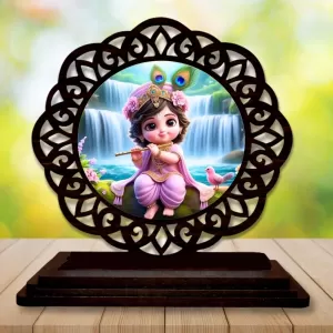Car Desk/Table Top Lord Krishna Wooden Photo Stand  3x4 Inches, Compact & Stylish Spiritual Display For Car, Home & Office (Pack Of 1) (F19749)