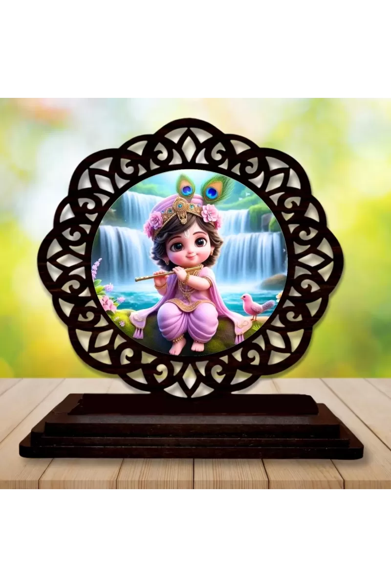 Car Desk/Table Top Lord Krishna Wooden Photo Stand  3x4 Inches, Compact & Stylish Spiritual Display For Car, Home & Office (Pack Of 1) (F19749)