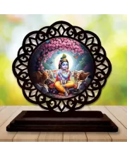 Car Desk/Table Top Lord Krishna Wooden Photo Stand  3x4 Inches, Compact & Stylish Spiritual Display For Car, Home & Office (Pack Of 1) (F19750)