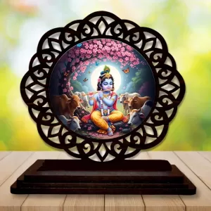 Car Desk/Table Top Lord Krishna Wooden Photo Stand  3x4 Inches, Compact & Stylish Spiritual Display For Car, Home & Office (Pack Of 1) (F19750)