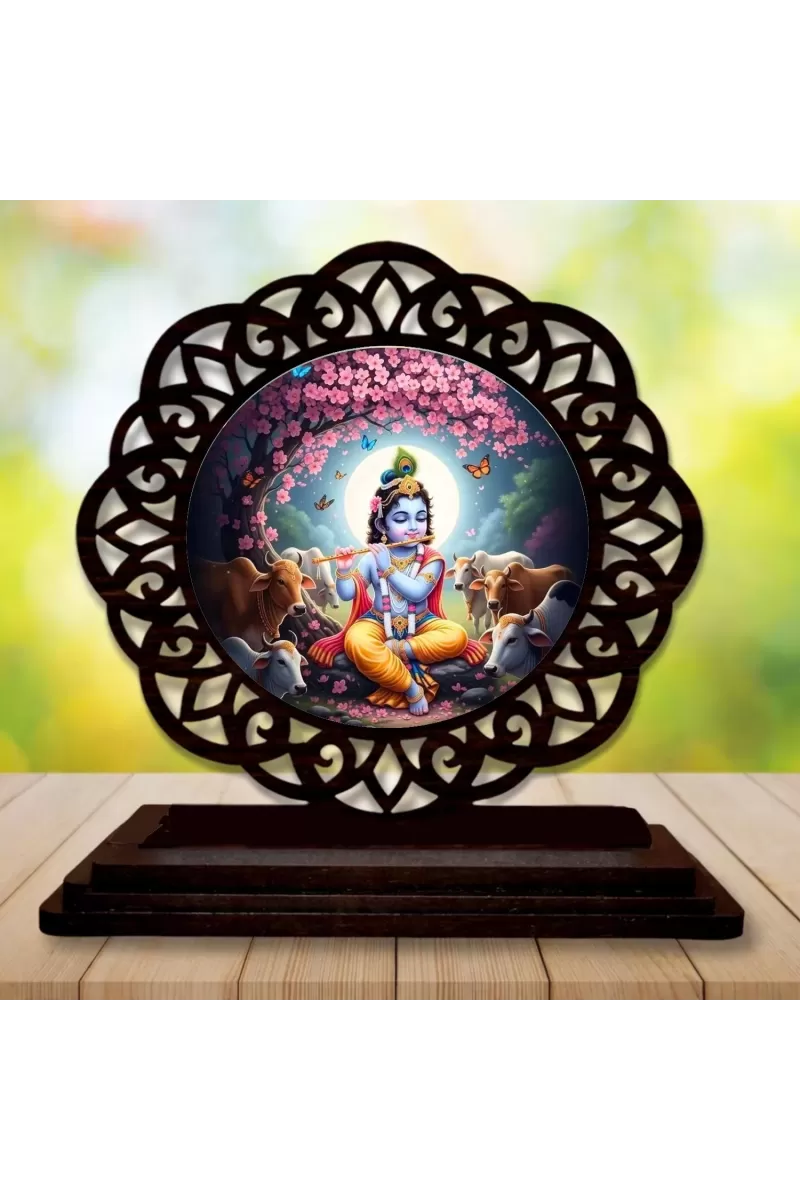 Car Desk/Table Top Lord Krishna Wooden Photo Stand  3x4 Inches, Compact & Stylish Spiritual Display For Car, Home & Office (Pack Of 1) (F19750)