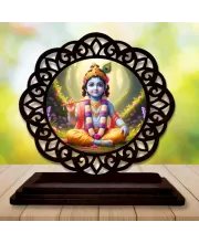 Car Desk/Table Top Lord Krishna Wooden Photo Stand  3x4 Inches, Compact & Stylish Spiritual Display For Car, Home & Office (Pack Of 1) (F19751)
