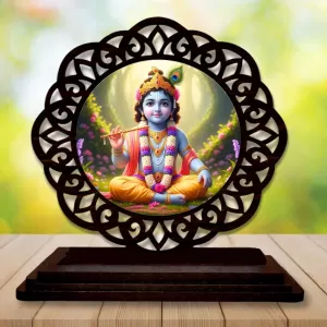 Car Desk/Table Top Lord Krishna Wooden Photo Stand  3x4 Inches, Compact & Stylish Spiritual Display For Car, Home & Office (Pack Of 1) (F19751)