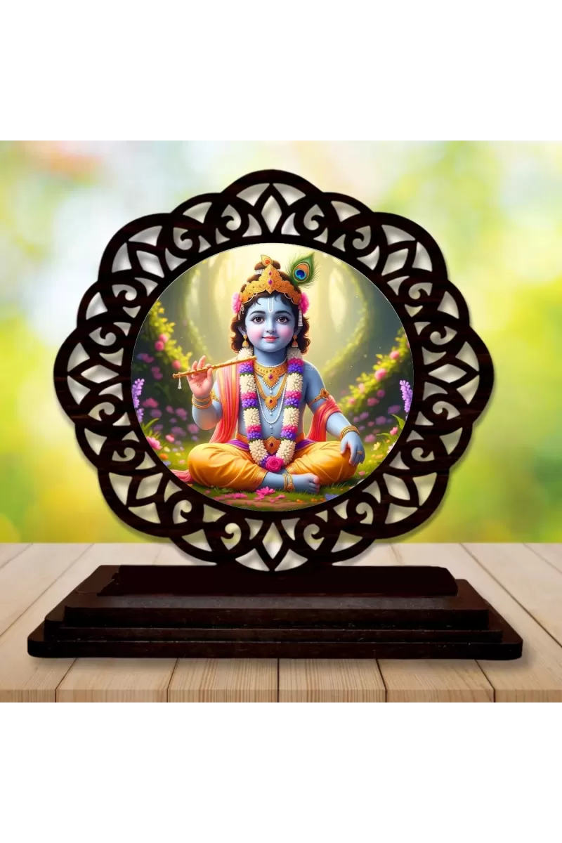 Car Desk/Table Top Lord Krishna Wooden Photo Stand  3x4 Inches, Compact & Stylish Spiritual Display For Car, Home & Office (Pack Of 1) (F19751)