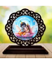 Car Desk/Table Top Radha Krishna Wooden Photo Stand  3x4 Inches, Compact & Stylish Spiritual Display For Car, Home & Office (Pack Of 1) (F19752)