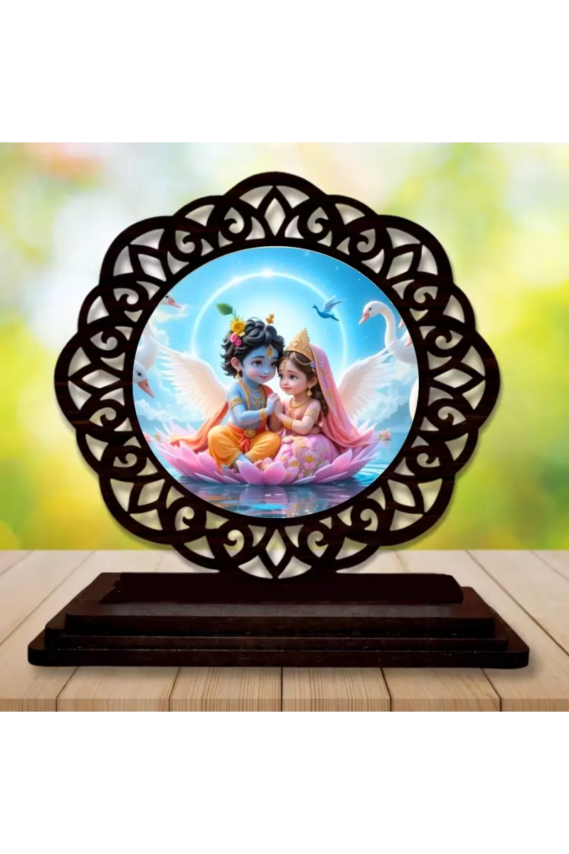 Car Desk/Table Top Radha Krishna Wooden Photo Stand  3x4 Inches, Compact & Stylish Spiritual Display For Car, Home & Office (Pack Of 1) (F19752)