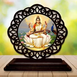 Car Desk/Table Top Goddess Saraswathi Wooden Photo Stand  3x4 Inches, Compact & Stylish Spiritual Display For Car, Home & Office (Pack Of 1) (F19753)
