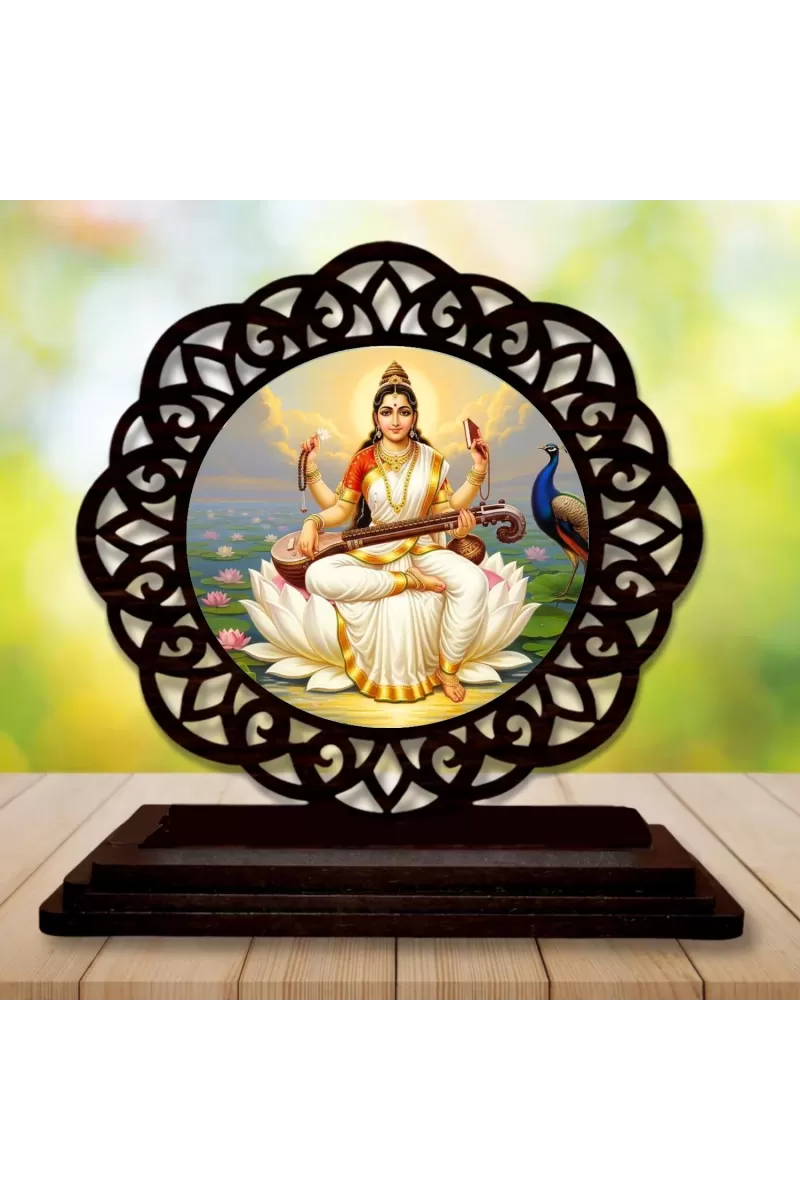 Car Desk/Table Top Goddess Saraswathi Wooden Photo Stand  3x4 Inches, Compact & Stylish Spiritual Display For Car, Home & Office (Pack Of 1) (F19753)
