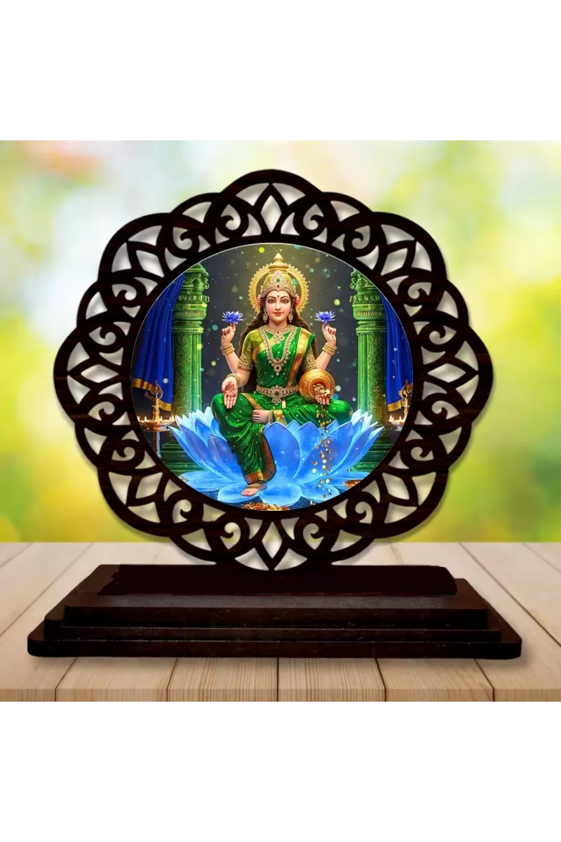 Car Desk/Table Top Goddess Lakshmi Wooden Photo Stand  3x4 Inches, Compact & Stylish Spiritual Display For Car, Home & Office (Pack Of 1) (F19754)