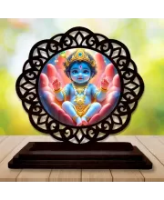 Car Desk/Table Top Lord Krishna Wooden Photo Stand  3x4 Inches, Compact & Stylish Spiritual Display For Car, Home & Office (Pack Of 1) (F19756)