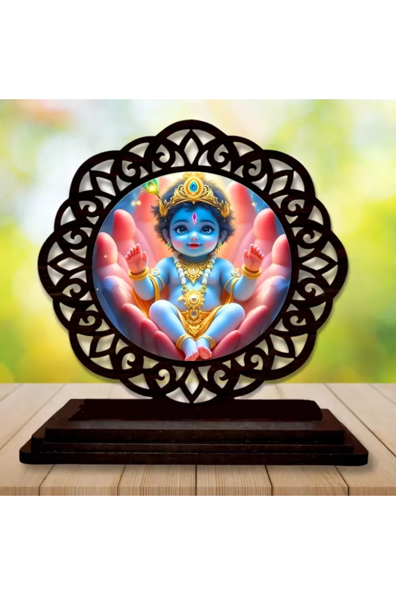 Car Desk/Table Top Lord Krishna Wooden Photo Stand  3x4 Inches, Compact & Stylish Spiritual Display For Car, Home & Office (Pack Of 1) (F19756)