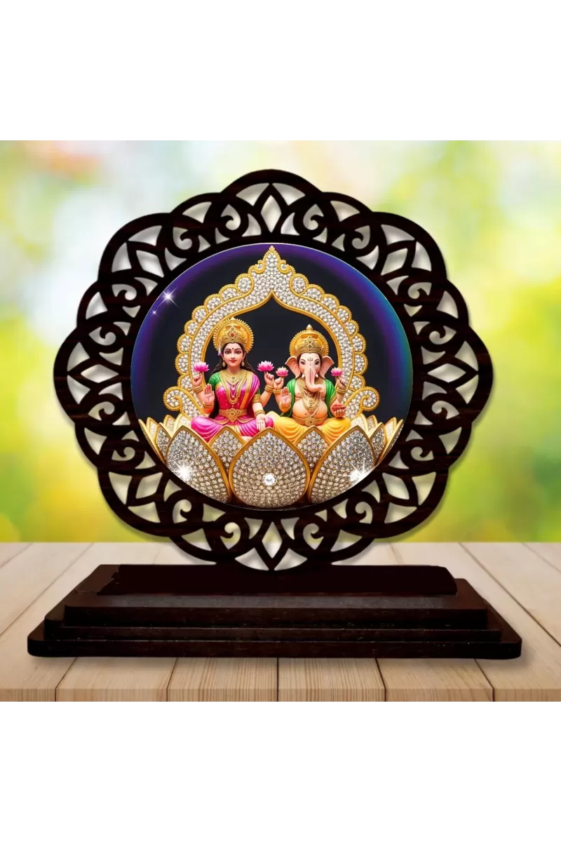 Car Desk/Table Top Lord Ganesha And Lakshmi Wooden Photo Stand  3x4 Inches, Compact & Stylish Spiritual Display For Car, Home & Office (Pack Of 1) (F19757)