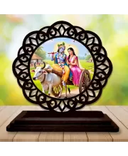 Car Desk/Table Top Radha Krishna Wooden Photo Stand  3x4 Inches, Compact & Stylish Spiritual Display For Car, Home & Office (Pack Of 1) (F19759)