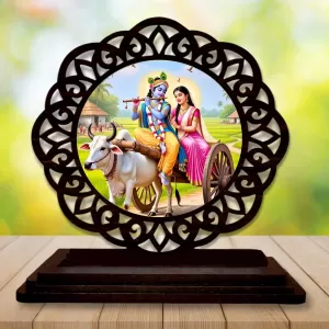 Car Desk/Table Top Radha Krishna Wooden Photo Stand  3x4 Inches, Compact & Stylish Spiritual Display For Car, Home & Office (Pack Of 1) (F19759)
