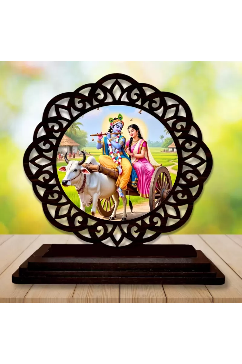 Car Desk/Table Top Radha Krishna Wooden Photo Stand  3x4 Inches, Compact & Stylish Spiritual Display For Car, Home & Office (Pack Of 1) (F19759)