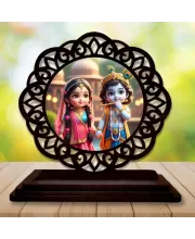 Car Desk/Table Top Radha Krishna Wooden Photo Stand  3x4 Inches, Compact & Stylish Spiritual Display For Car, Home & Office (Pack Of 1) (F19761)