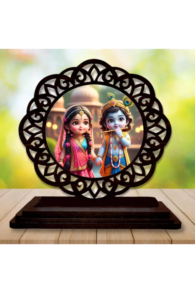 Car Desk/Table Top Radha Krishna Wooden Photo Stand  3x4 Inches, Compact & Stylish Spiritual Display For Car, Home & Office (Pack Of 1) (F19761)