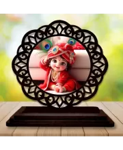 Car Desk/Table Top Lord Krishna Wooden Photo Stand  3x4 Inches, Compact & Stylish Spiritual Display For Car, Home & Office (Pack Of 1) (F19762)