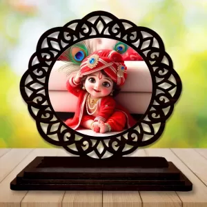 Car Desk/Table Top Lord Krishna Wooden Photo Stand  3x4 Inches, Compact & Stylish Spiritual Display For Car, Home & Office (Pack Of 1) (F19762)