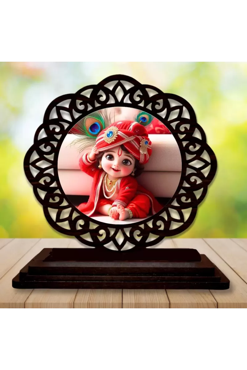 Car Desk/Table Top Lord Krishna Wooden Photo Stand  3x4 Inches, Compact & Stylish Spiritual Display For Car, Home & Office (Pack Of 1) (F19762)