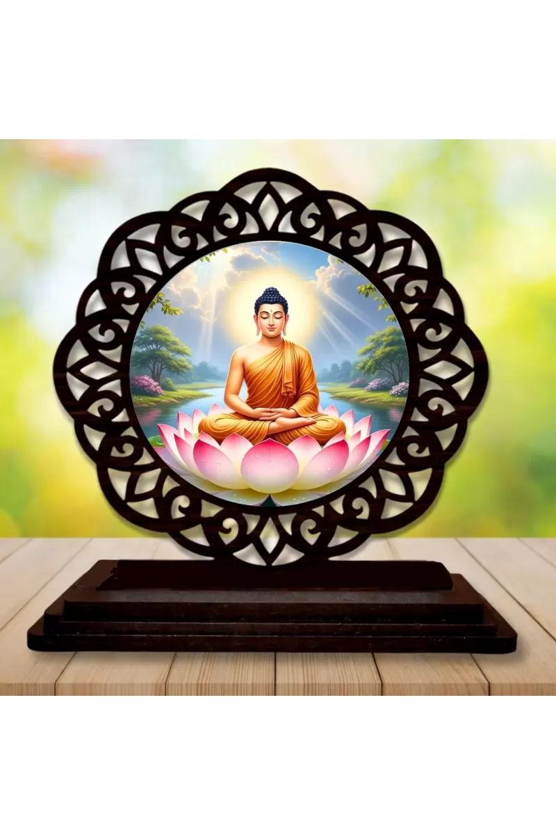 Car Desk/Table Top Lord Buddha Wooden Photo Stand  3x4 Inches, Compact & Stylish Spiritual Display For Car, Home & Office (Pack Of 1) (F19764)