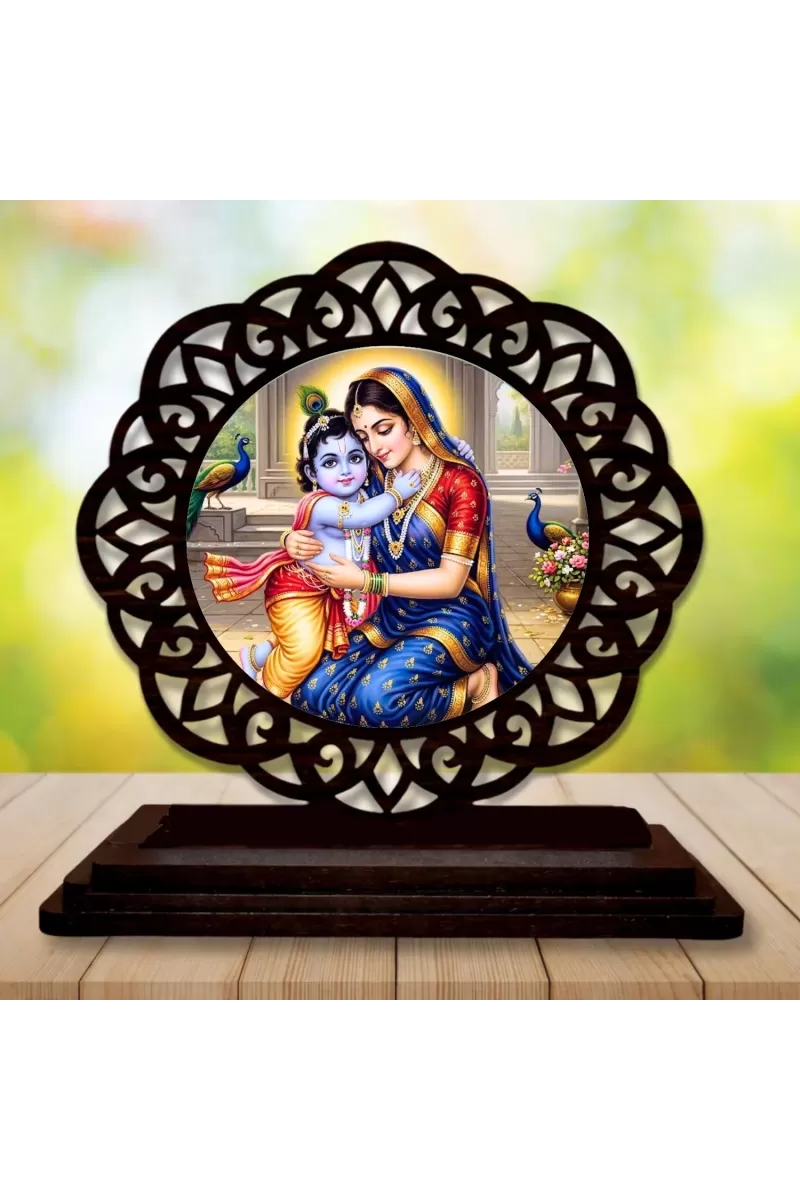 Car Desk/Table Top Yashodha And Krishna Wooden Photo Stand  3x4 Inches, Compact & Stylish Spiritual Display For Car, Home & Office (Pack Of 1) (F19766)