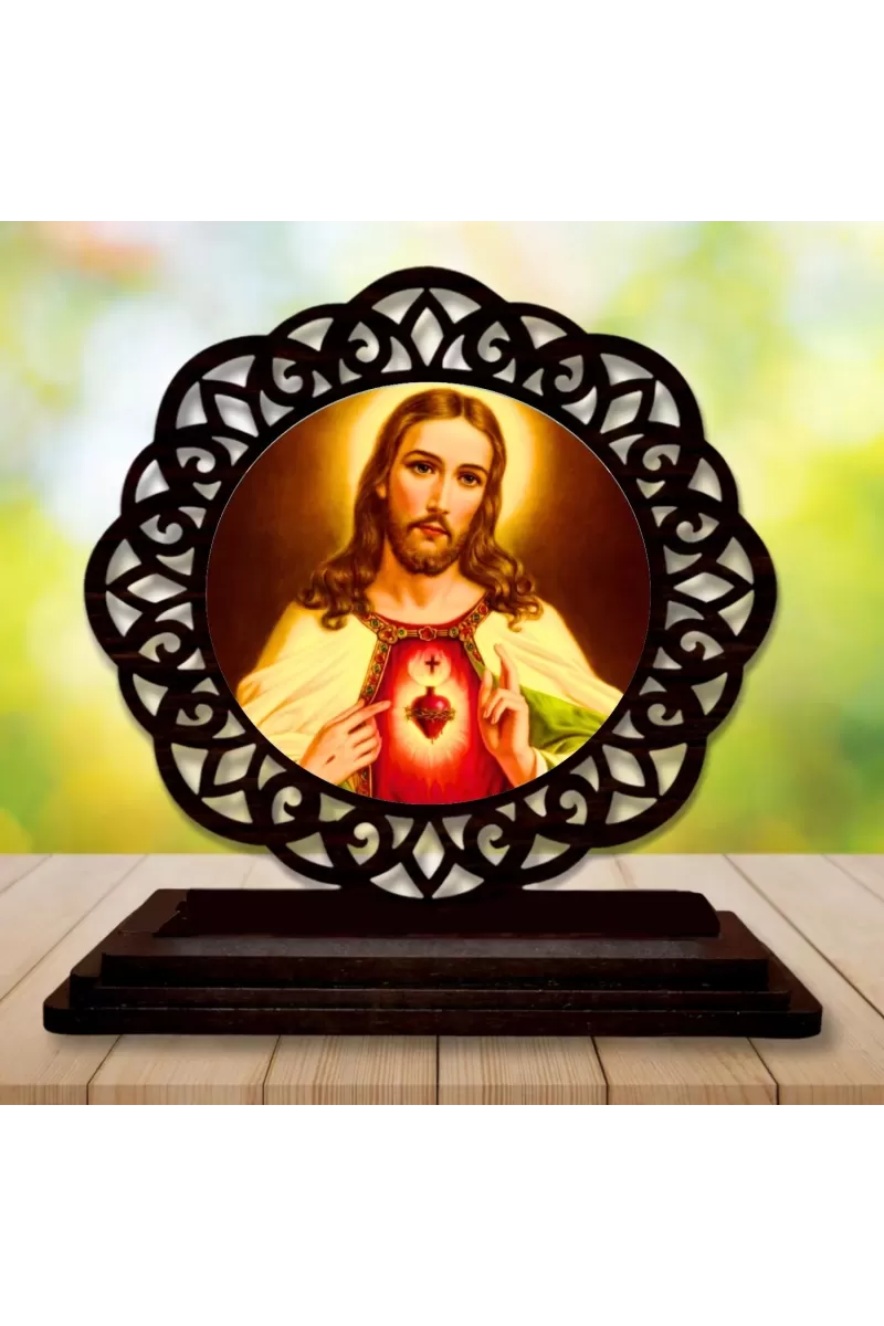 Car Desk/Table Top Lord Jesus Wooden Photo Stand  3x4 Inches, Compact & Stylish Spiritual Display For Car, Home & Office (Pack Of 1) (F19767)
